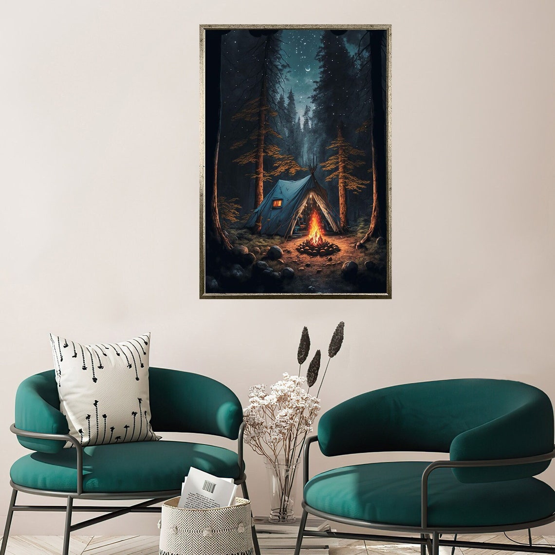 Night Camping Tent Campfire Starry Pine Forest Nature Landscape Poster