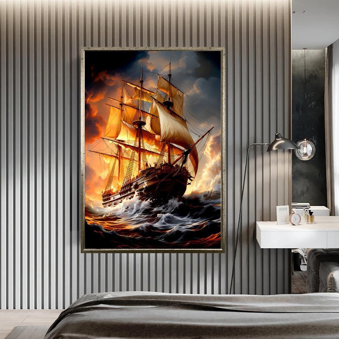 Tall Ship Stormy Sea Golden Sunset Sails Nautical Wall Poster