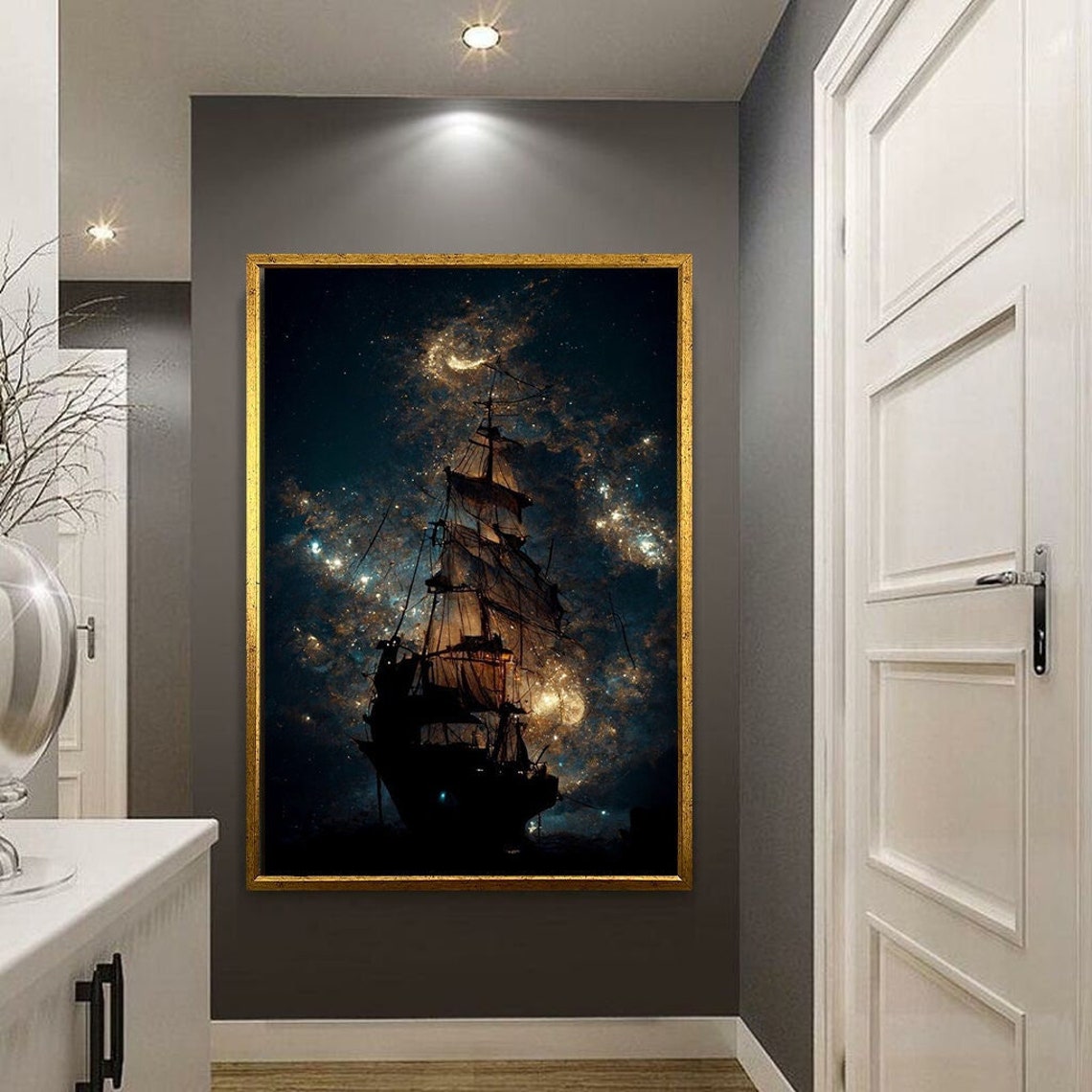 Pirate Sailing Ship Galaxy Starry Night Sky Fantasy Seascape Poster