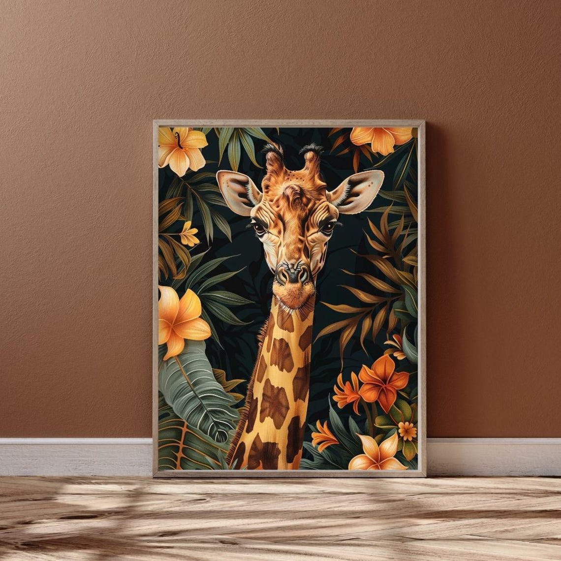 Giraffe Portrait Tropical Flowers Jungle Leaves Wildlife Wall Art