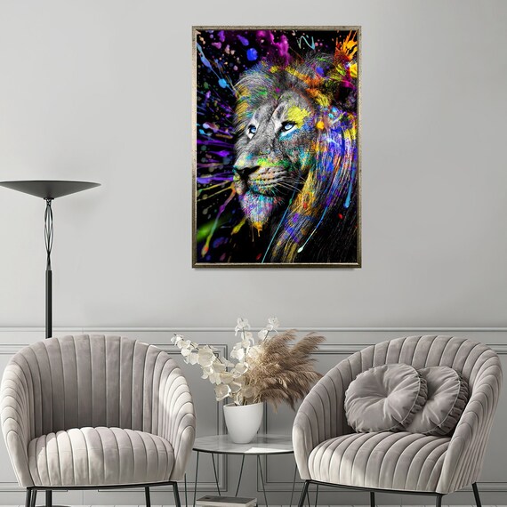 Colorful Lion Portrait Blue Eyes Neon Paint Splatter Modern Wildlife Art Poster