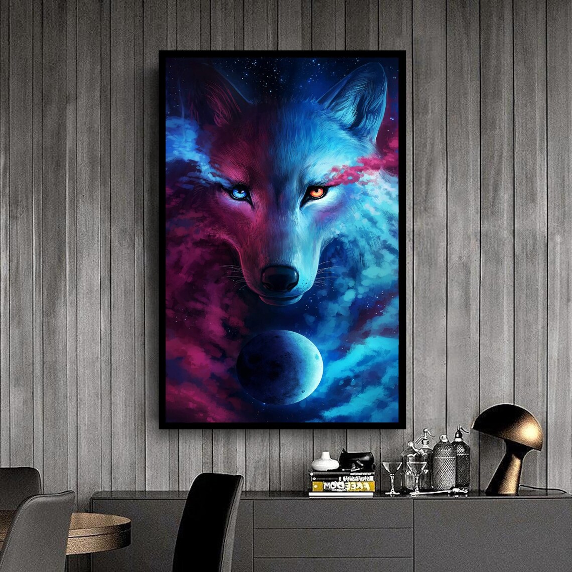 Wolf Galaxy Portrait Blue Magenta Cosmic Night Sky Moon Animal Poster