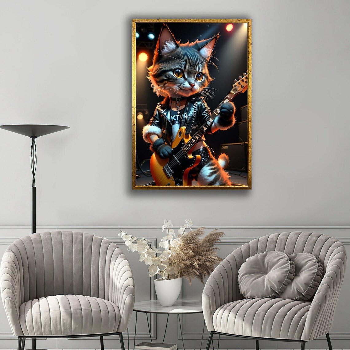 Rocker Cat Playing Electric Guitar Funny Rock Star Kitten Art Poster