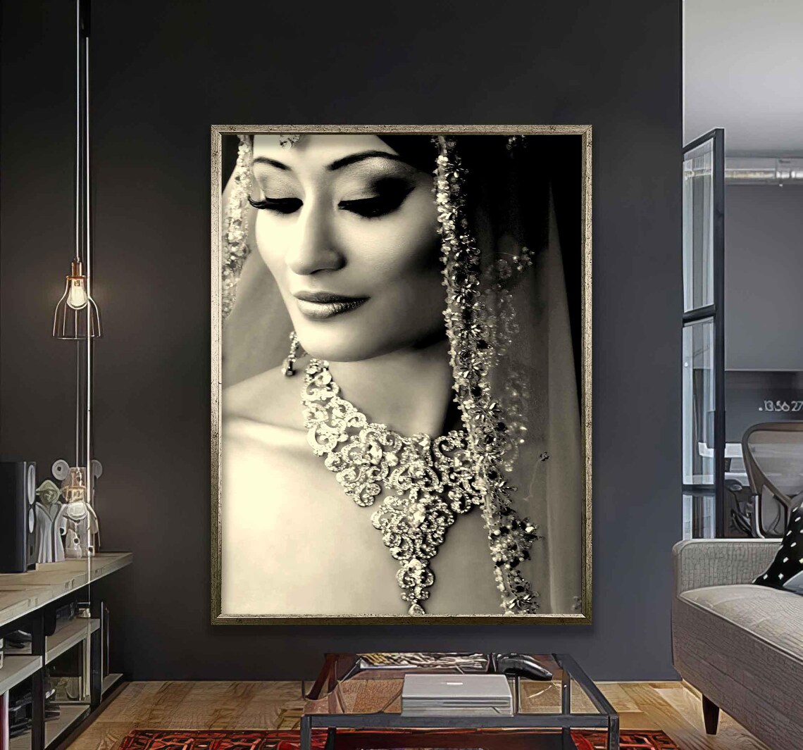 Elegant Black And White Bridal Portrait Veil Jewelry Beauty Art Poster