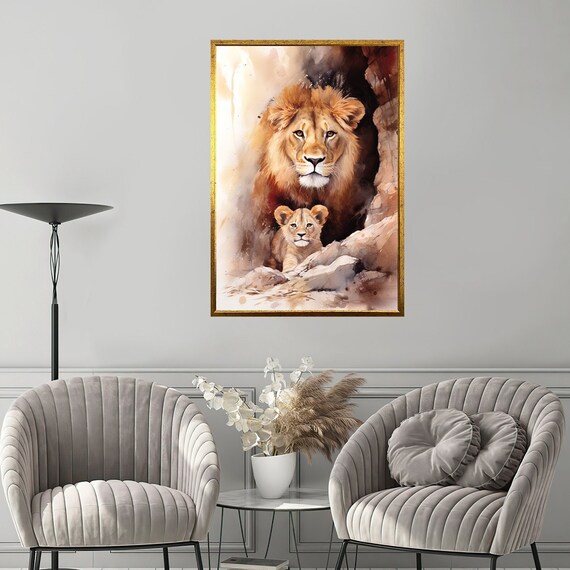 Lion And Cub Watercolor Father Protecting Baby Lion Wall Art Print