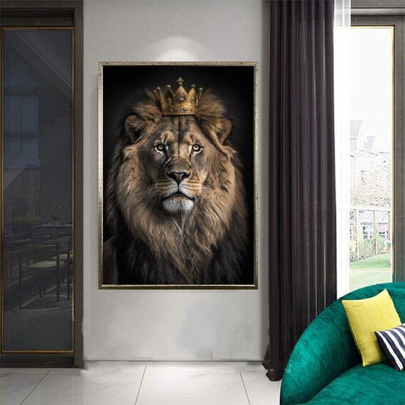 Lion Wearing Golden Crown Black Background King Jungle Animal Poster