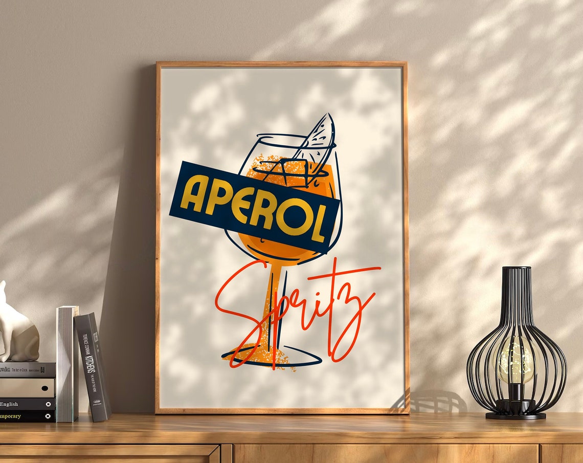 Aperol Spritz Line Art Glass Retro Navy Script Cocktail Poster