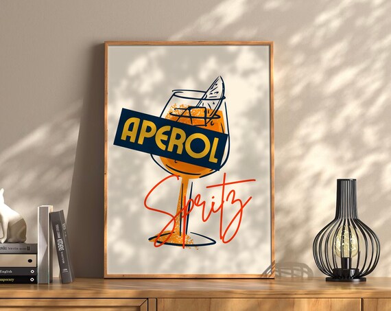 Aperol Spritz Line Art Glass Retro Navy Script Cocktail Poster