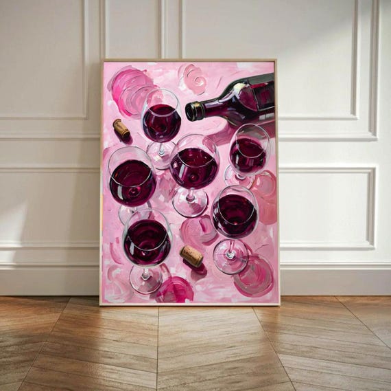 Red Wine Glasses Top View Pink Background Modern Kitchen Poster