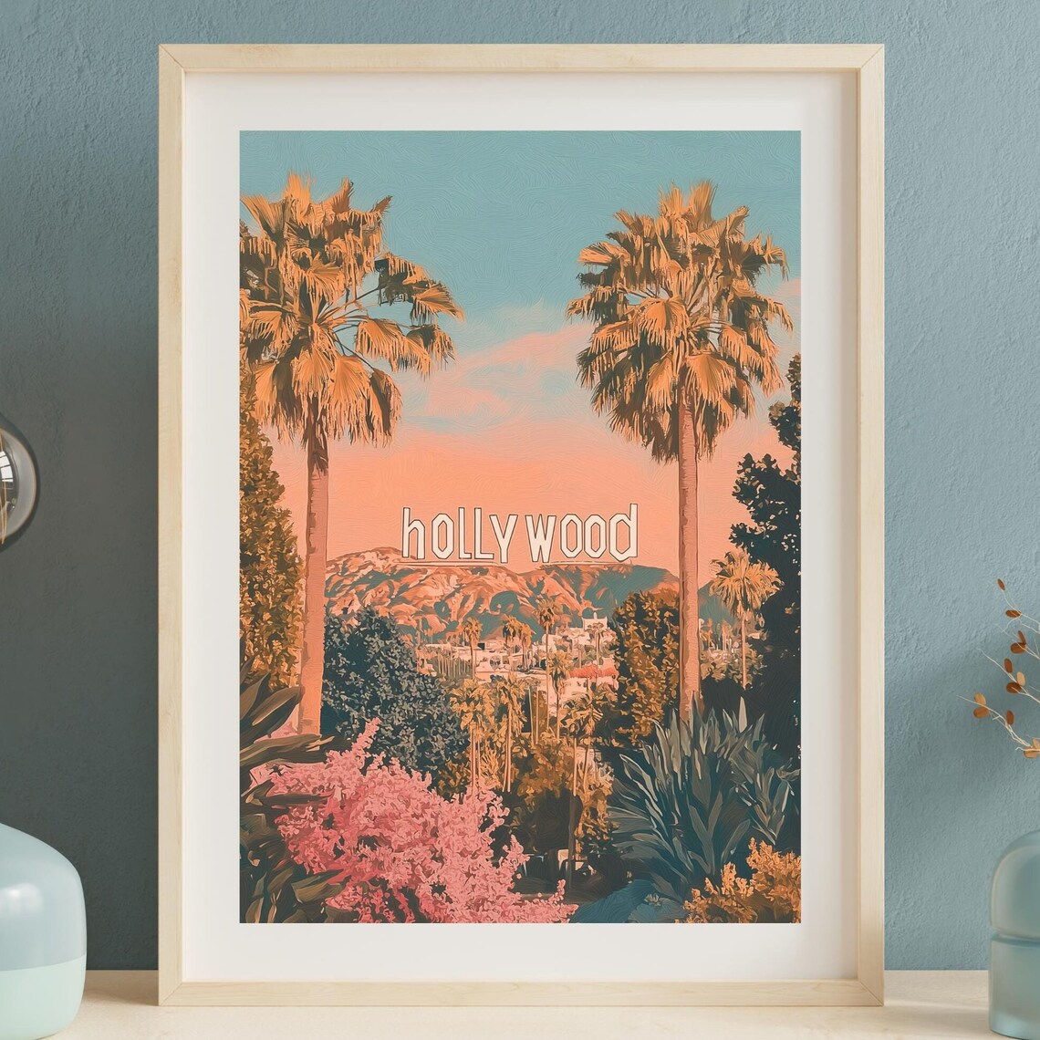 Hollywood Sign Sunset Palm Trees Retro California Travel Art Poster