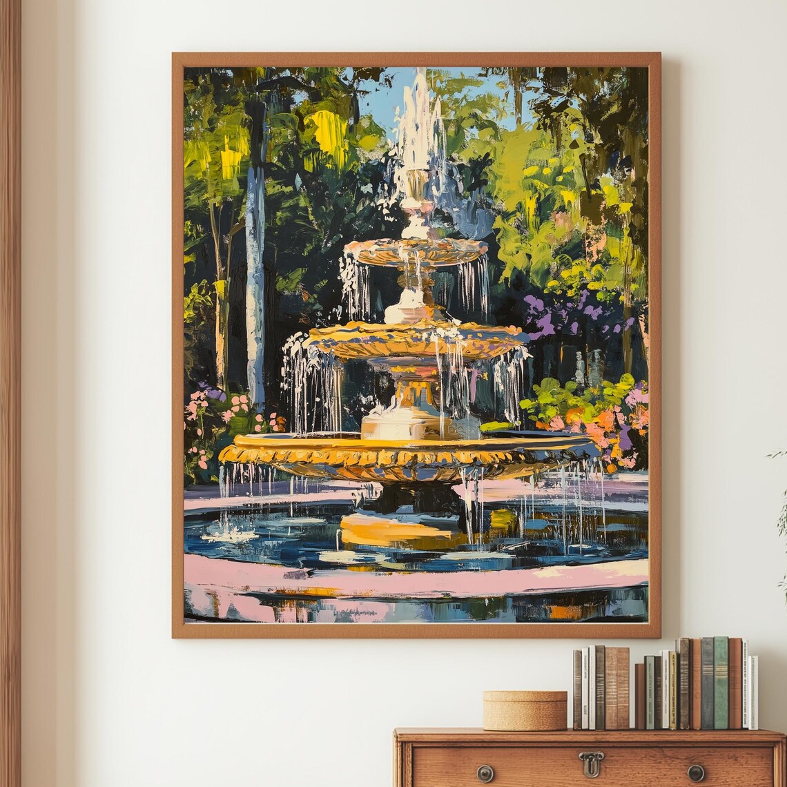 Elegant Garden Fountain Impressionist Painting Water Feature Wall Art