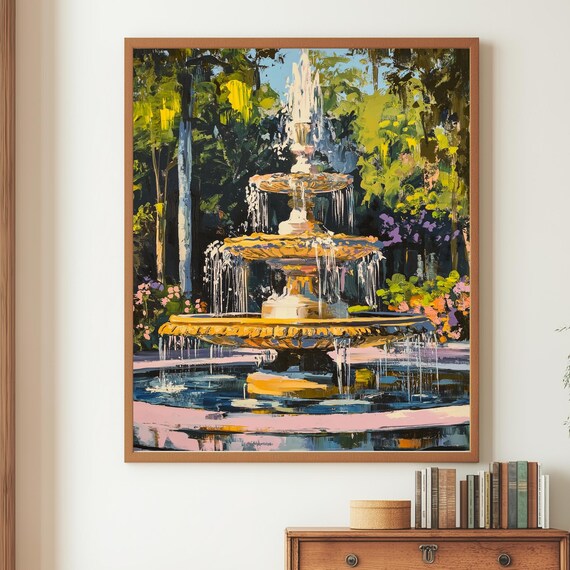 Elegant Garden Fountain Impressionist Painting Water Feature Wall Art