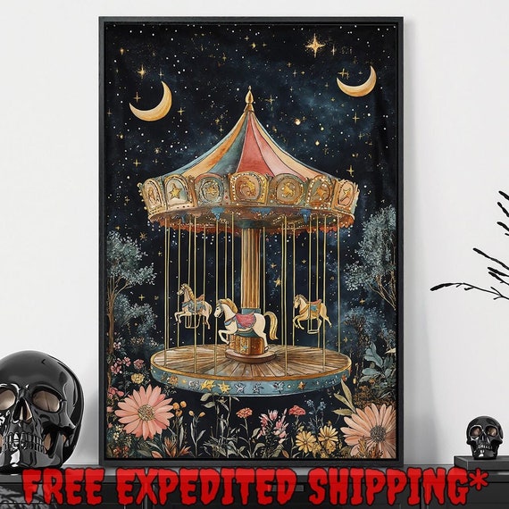 Colorful Vintage Carousel And Horses Print Crescent Moon And Starry Night Decor Gothic Floral Poster Ready To Hang Framed Wall Art