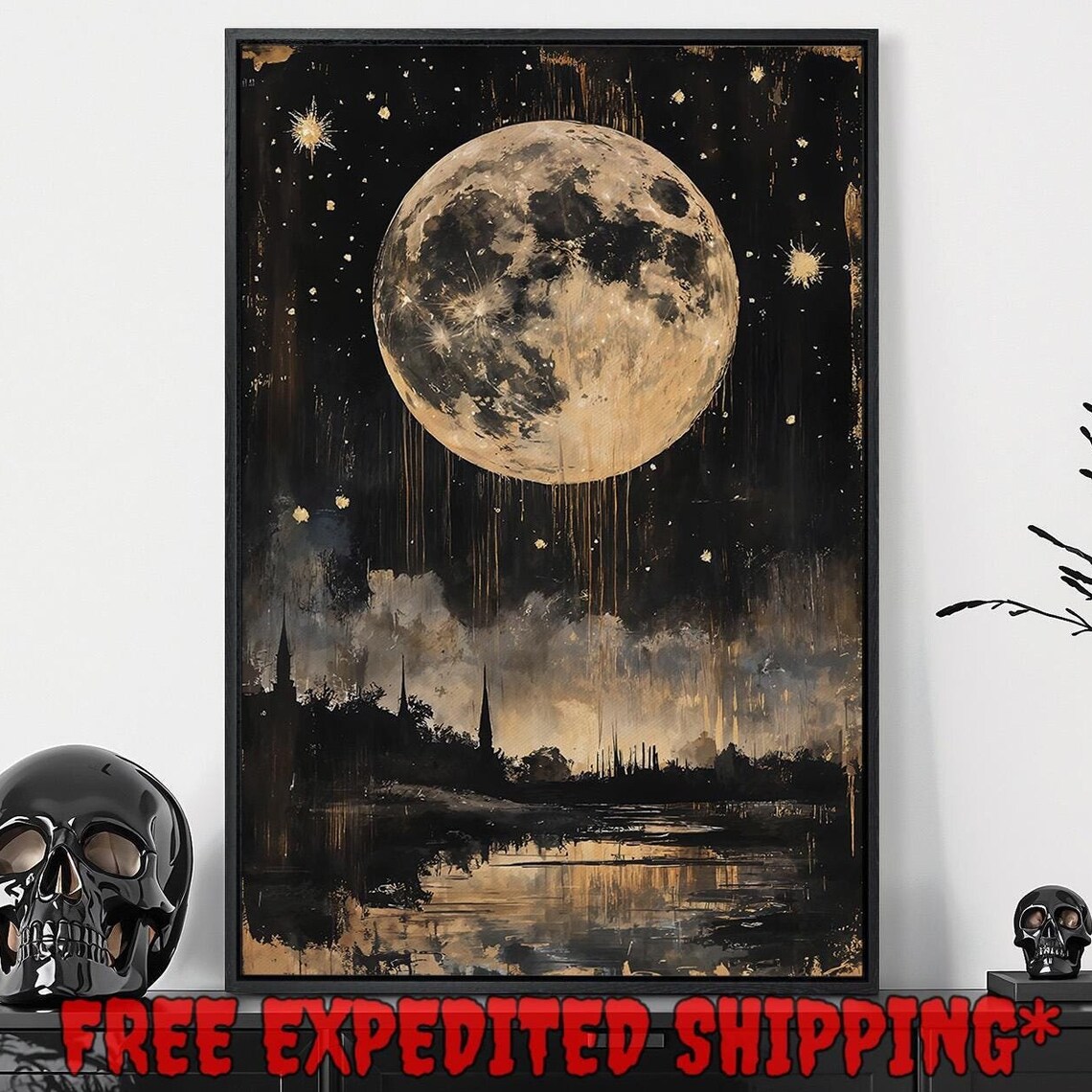 Giant Full Moon Over Dark City Skyline Reflection Black Gold Night Poster