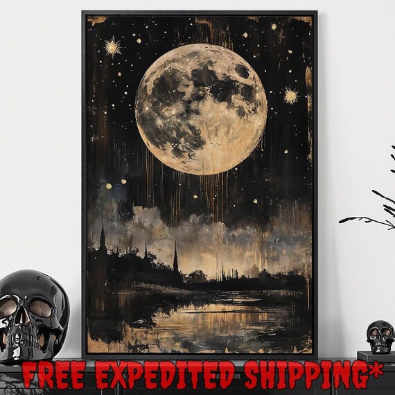 Giant Full Moon Over Dark City Skyline Reflection Black Gold Night Poster