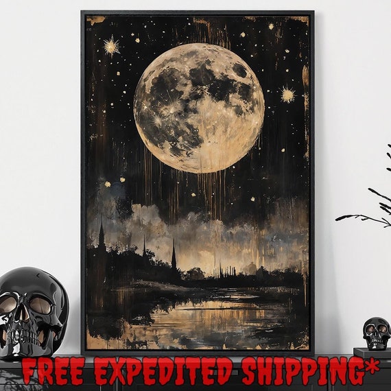 Mystical Moonlit Landscape Print Starry Night Sky Gothic Home Decor Celestial Dark Academic Poster Ready To Hang Framed Wall Art