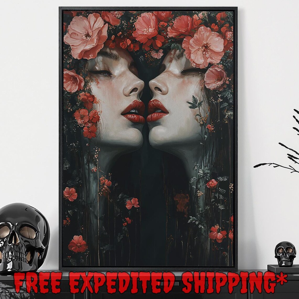 Mirrored Gothic Woman Faces With Red Lips And Pink Flowers Dark Poster - Image 5