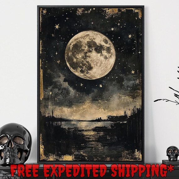Full Moon Starry Night Sky Gold Stars Dark Night Landscape Poster