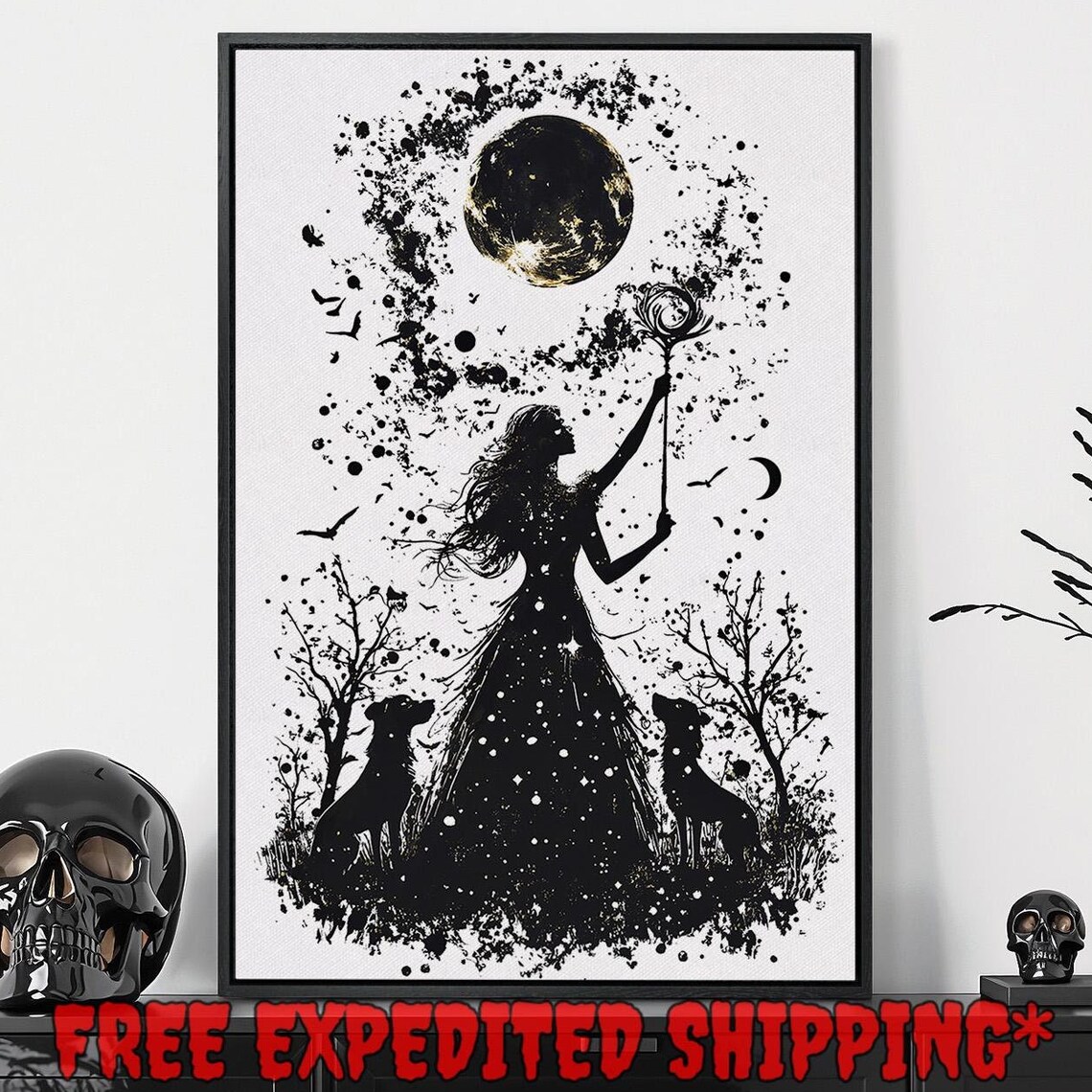 Black And White Witch Silhouette With Dogs Reaching For Full Moon Poster