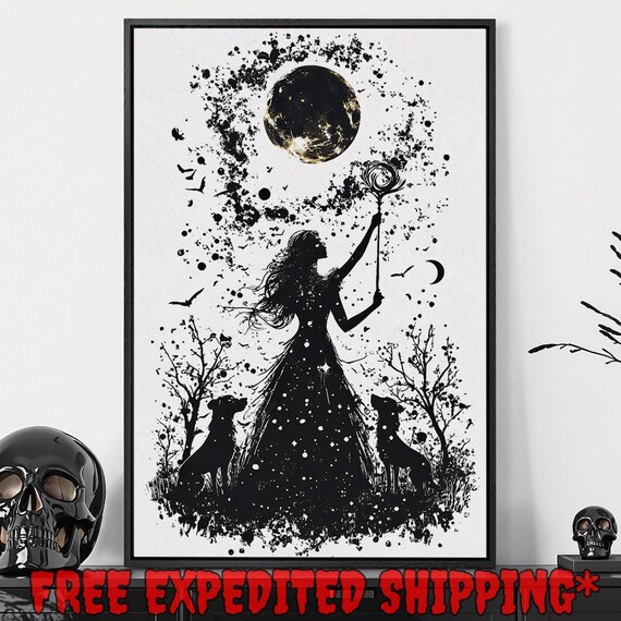 Black And White Witch Silhouette With Dogs Reaching For Full Moon Poster