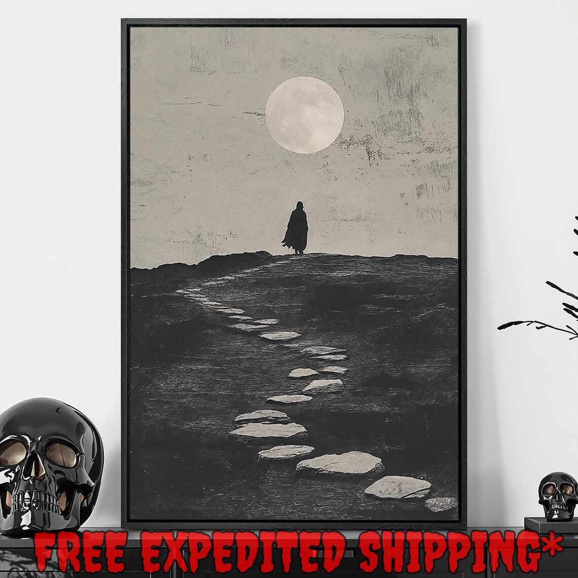 Lone Dark Figure Walking Stone Path Under Pale Moon Minimalist Night Poster