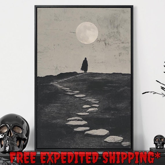 Lone Dark Figure Framed Wall Art Moonlit Gothic Path Painting Print Minimalist Landscape Decor Dark Academia Poster Ready To Hang