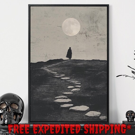 Lone Dark Figure Walking Stone Path Under Pale Moon Minimalist Night Poster