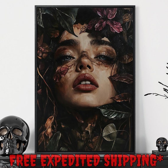 Surreal Woman Face Framed Wall Art Leaves And Flowers Painting Print Mysterious Mood Decor Gothic Dark Botanical Poster Ready To Hang