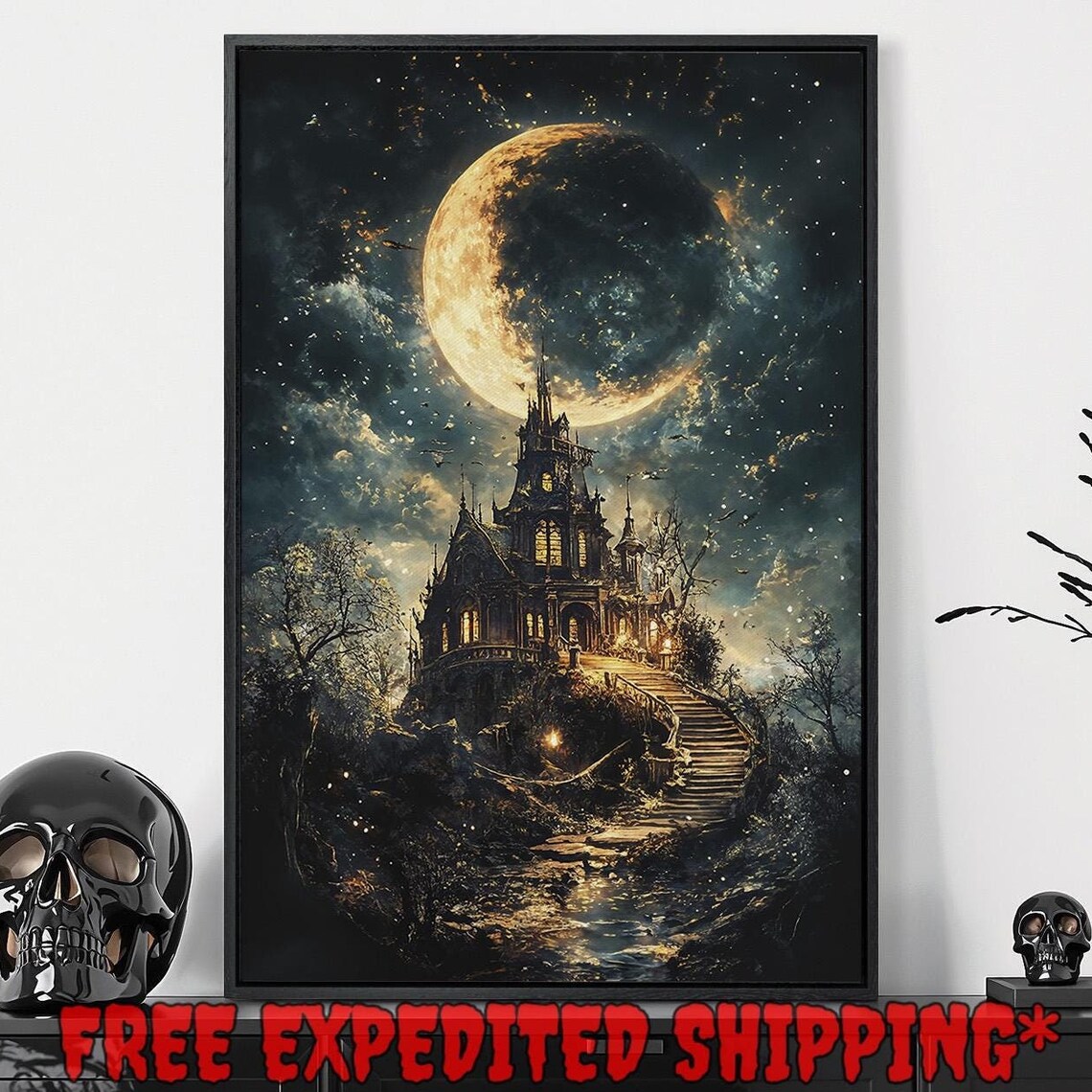 Gothic Castle Under Crescent Moon Starry Night Fantasy Art Poster