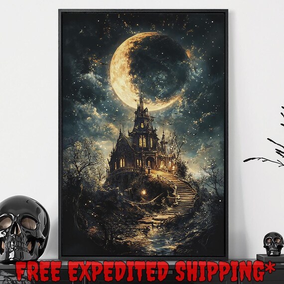 Gothic Castle Under Crescent Moon Starry Night Fantasy Art Poster