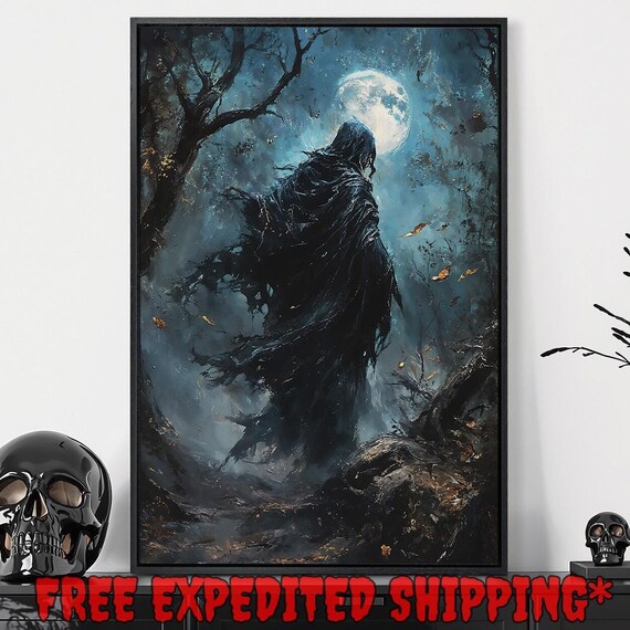 Grim Reaper Hooded Figure Full Moon Dark Forest Gothic Wall Art Poster
