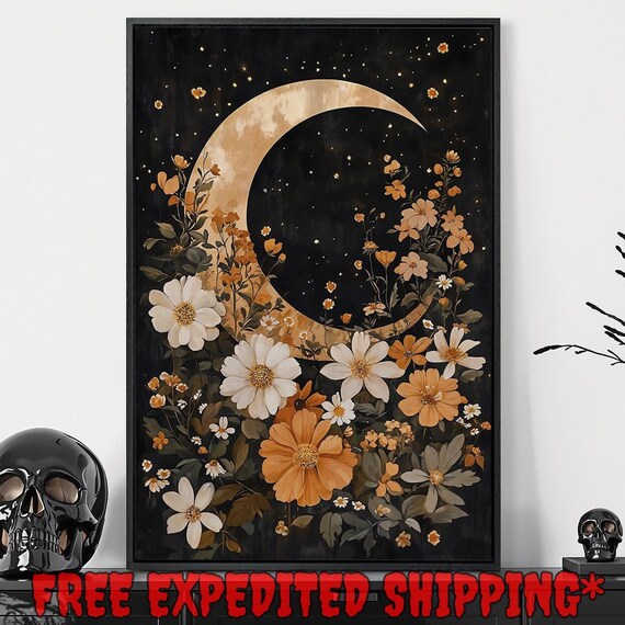 Golden Crescent Moon Over White Wildflowers In Starry Night Sky Poster