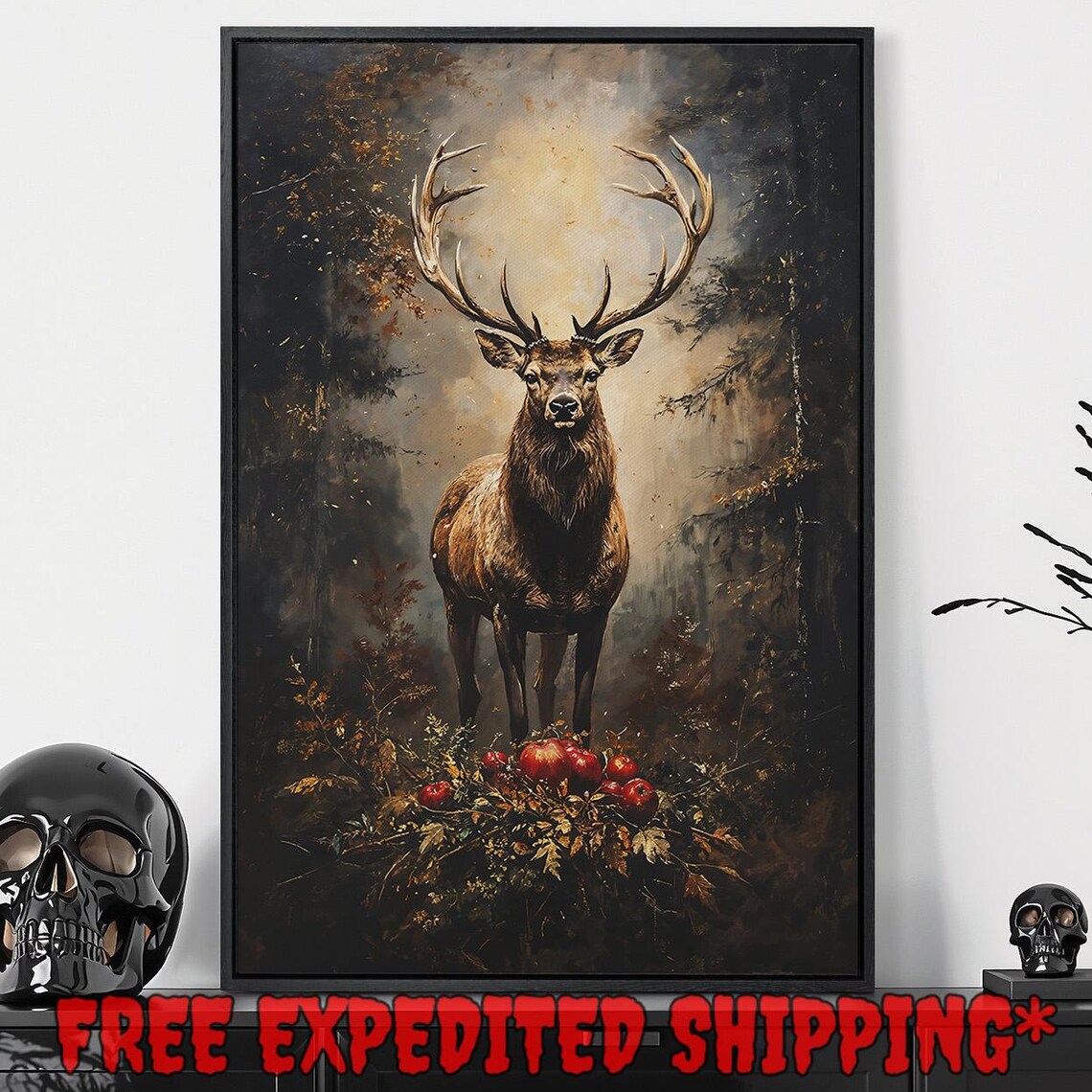 Majestic Stag Among Red Apples In Misty Vintage Forest Painting Poster