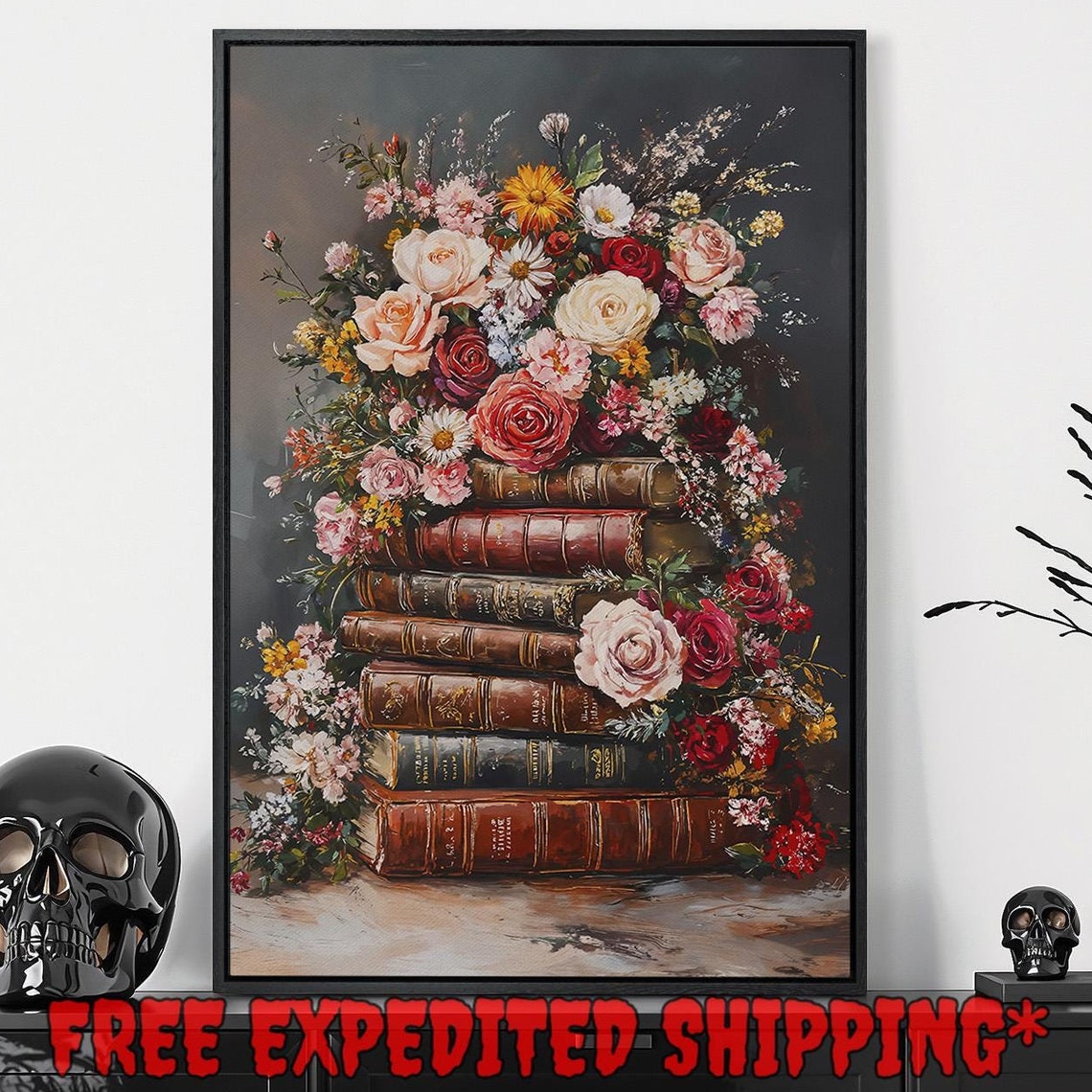 Antique Book Stack Topped With Lush Floral Bouquet Art Poster