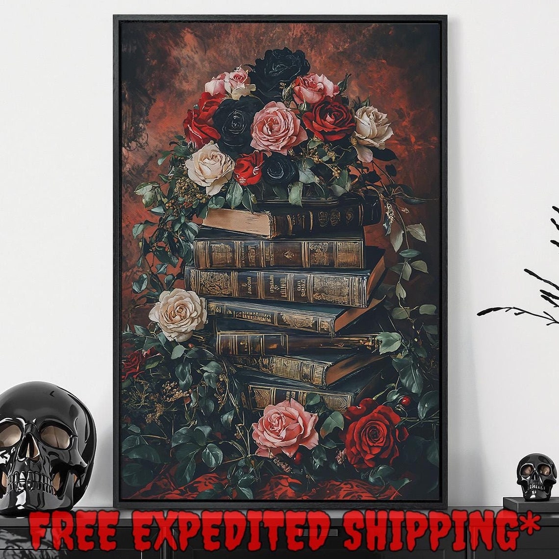 Vintage Book Stack Roses Romantic Dark Floral Gothic Library Art Print - Image 5