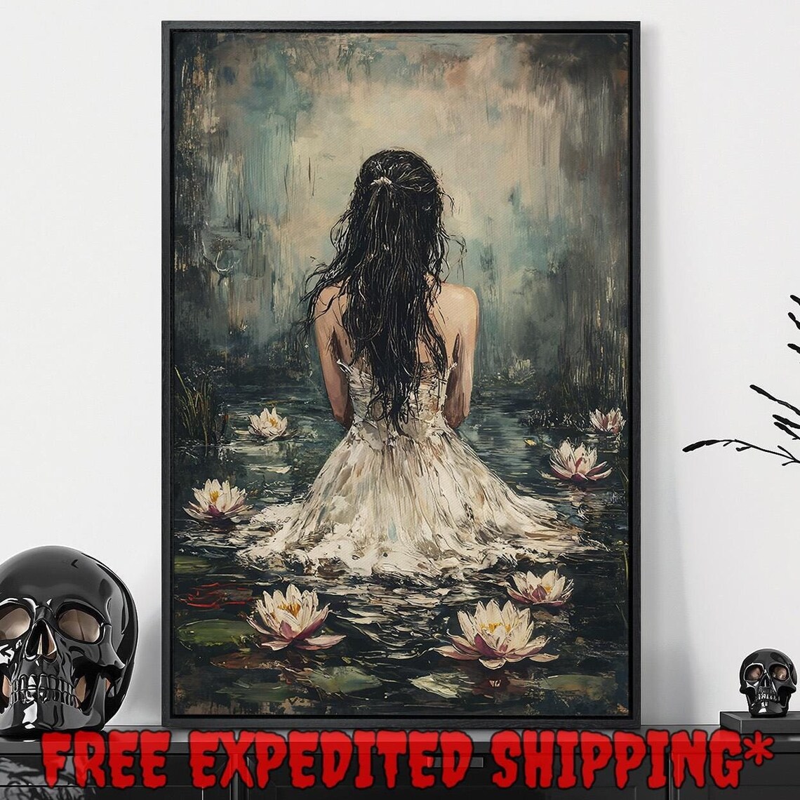 Woman In White Dress Standing In Misty Water Among Lilies Dark Art Poster - Image 5