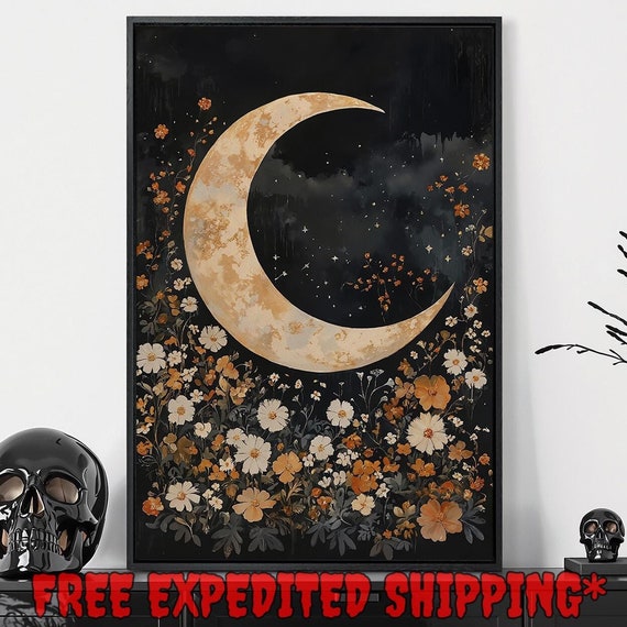 Great Crescent Moon In Floral Print Celestial Boho Home Decor Night Scene Art Dark Academic Poster Ready To Hang Framed Wall Art