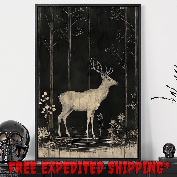 Graceful Deer In Gothic Forest Print Enchanted Nature Elegant Decor Wildlife Dark Cottagecore Poster Ready To Hang Framed Wall Art