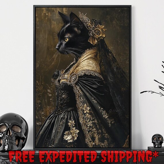 Victorian Black Cat In Gothic Dress Golden Rose Elegant Art Poster