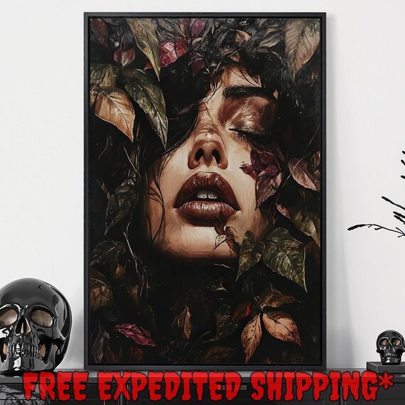 Woman Face With Closed Eyes Among Dark Leaves Red Lips Surreal Botanical Poster