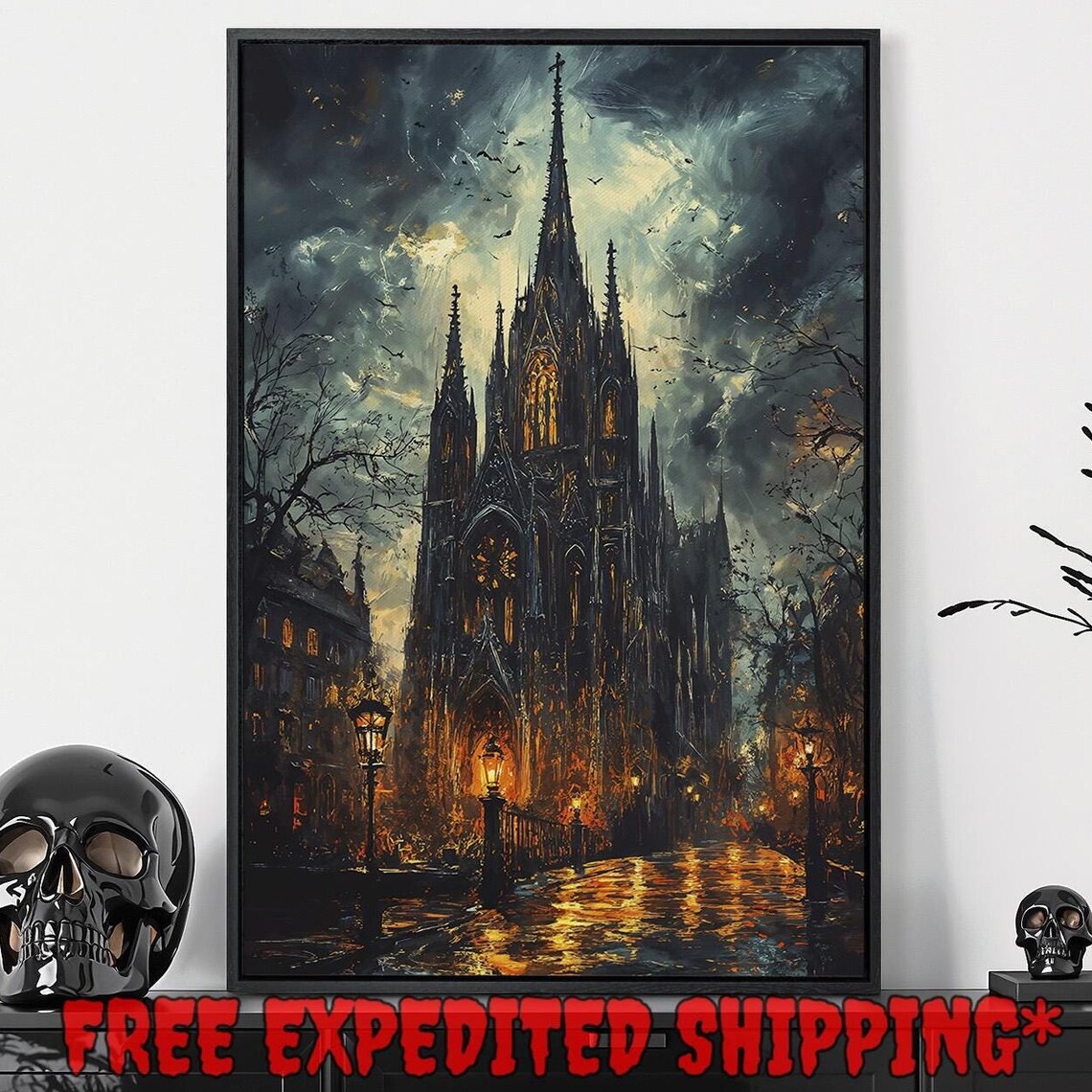 Gothic Cathedral At Night With Stormy Sky And Glowing Windows Dark Poster - Image 5