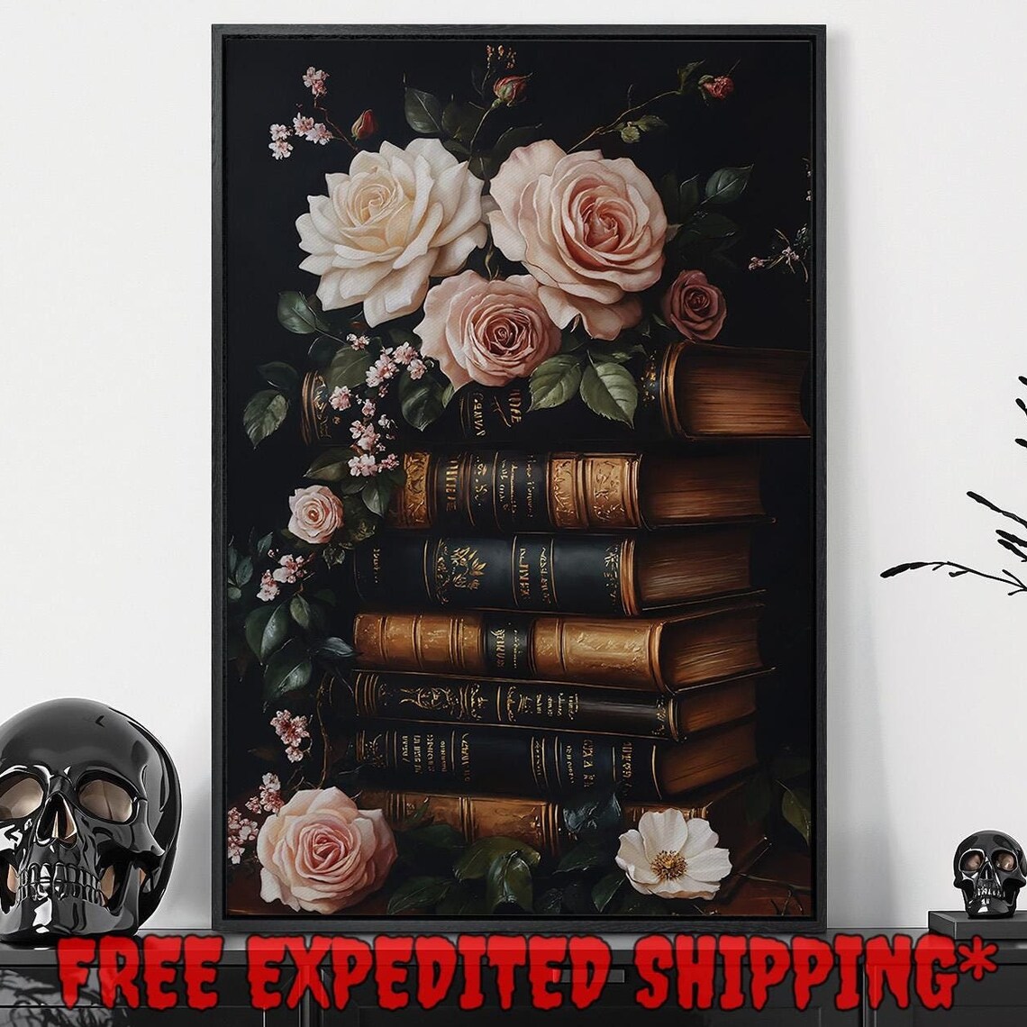 Vintage Books White Roses Dark Botanical Elegant Floral Library Art Print - Image 5