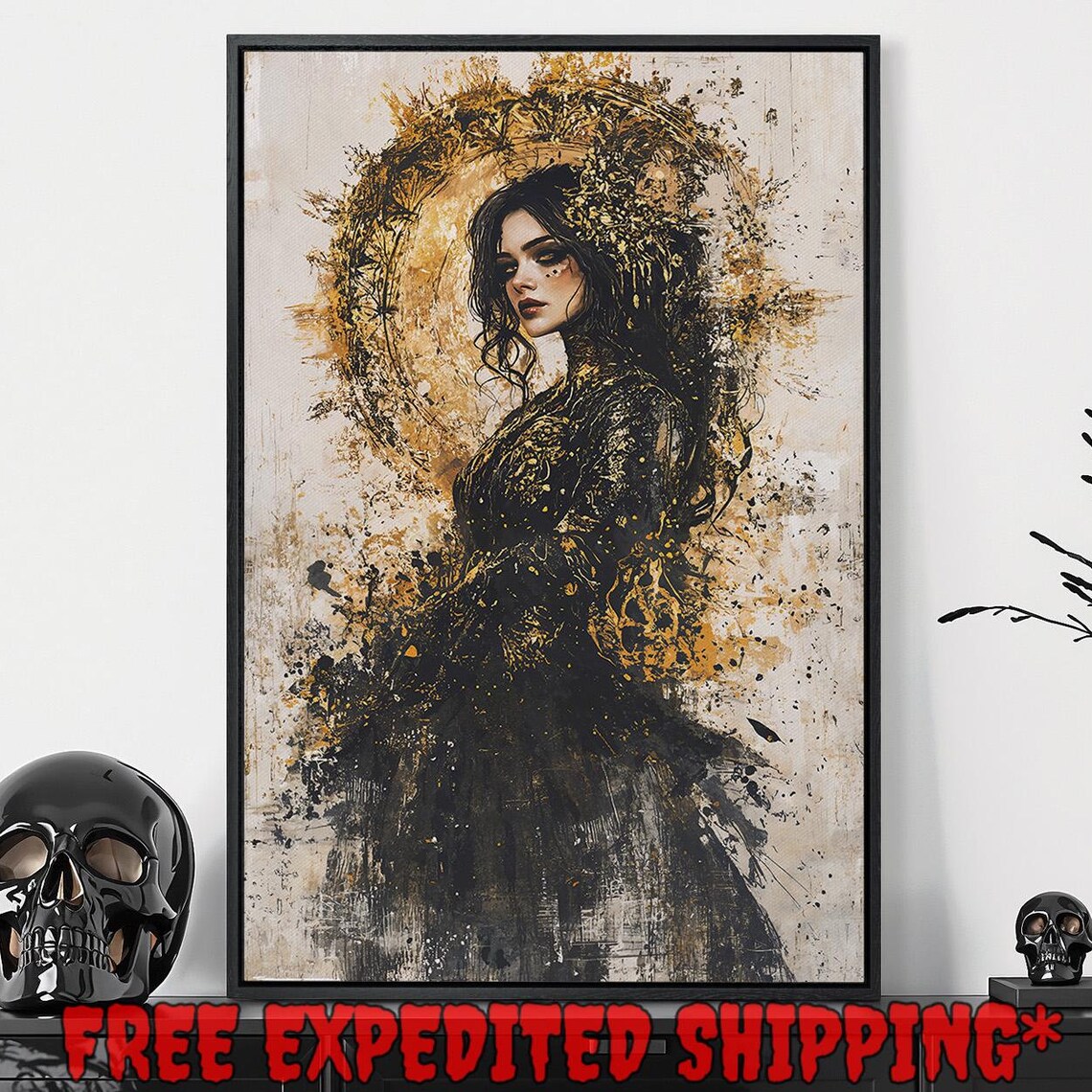 Dark Haired Gothic Woman Portrait With Gold Splatter Textured Poster