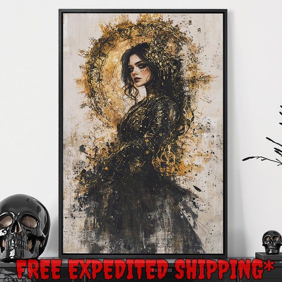 Dark Haired Gothic Woman Portrait With Gold Splatter Textured Poster