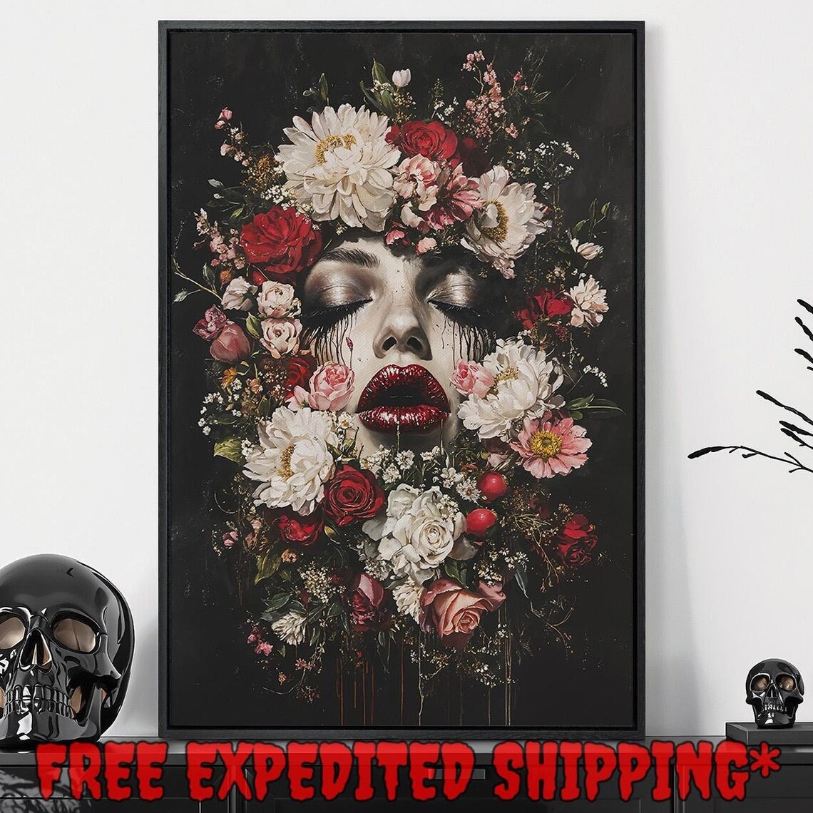 Gothic Female Face Hidden Among Red And White Flowers Dark Beauty Poster - Image 5