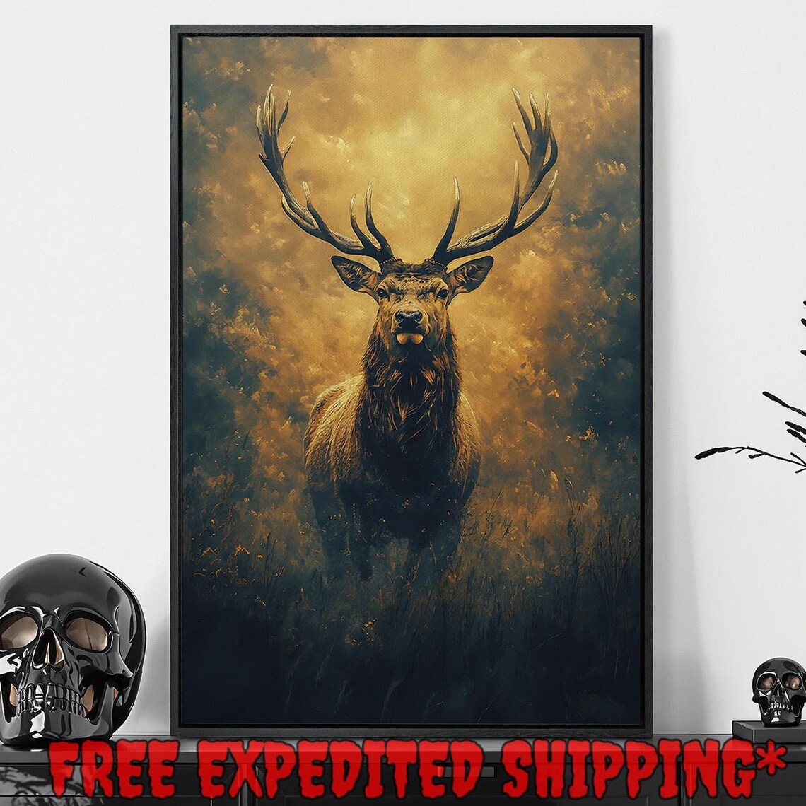 Majestic Stag Golden Antlers Smoky Amber Forest Wildlife Art Poster