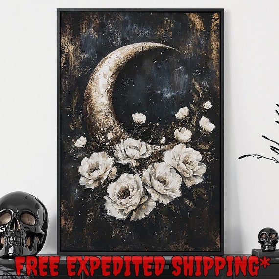 Crescent Moon And White Flowers Framed Wall Art Gothic Celestial Painting Print Dark Academic Decor Dark Floral Poster Ready To Hang
