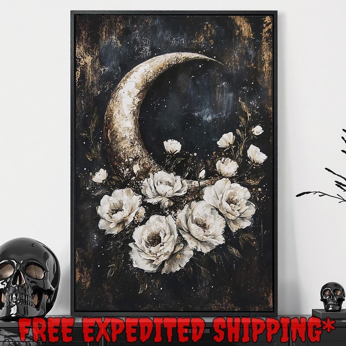 Crescent Moon White Roses Starry Night Celestial Gothic Art Poster