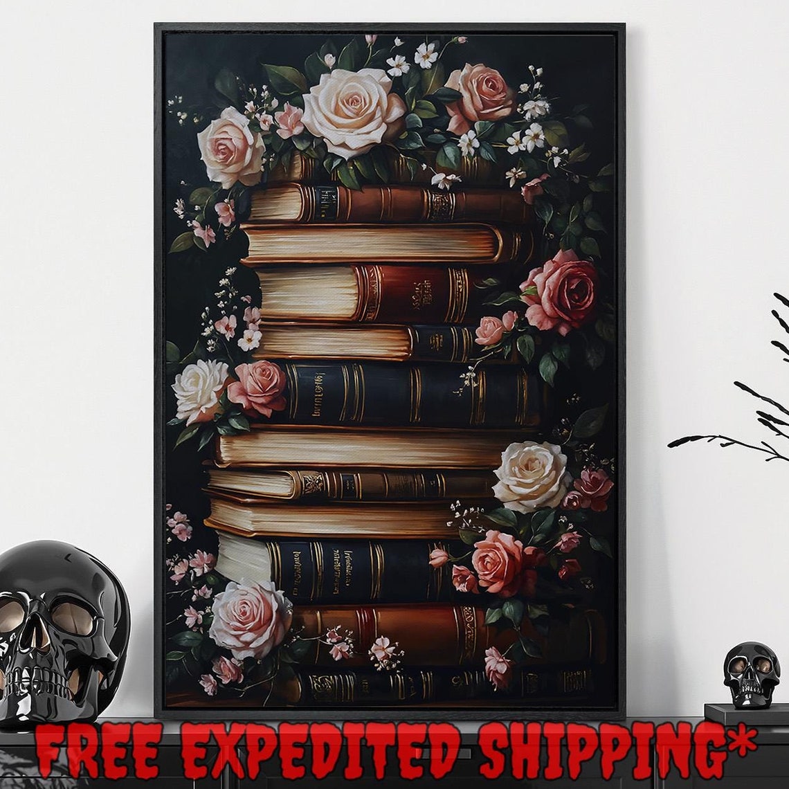 Vintage Book Stack With Pink Roses Dark Library Painting Poster