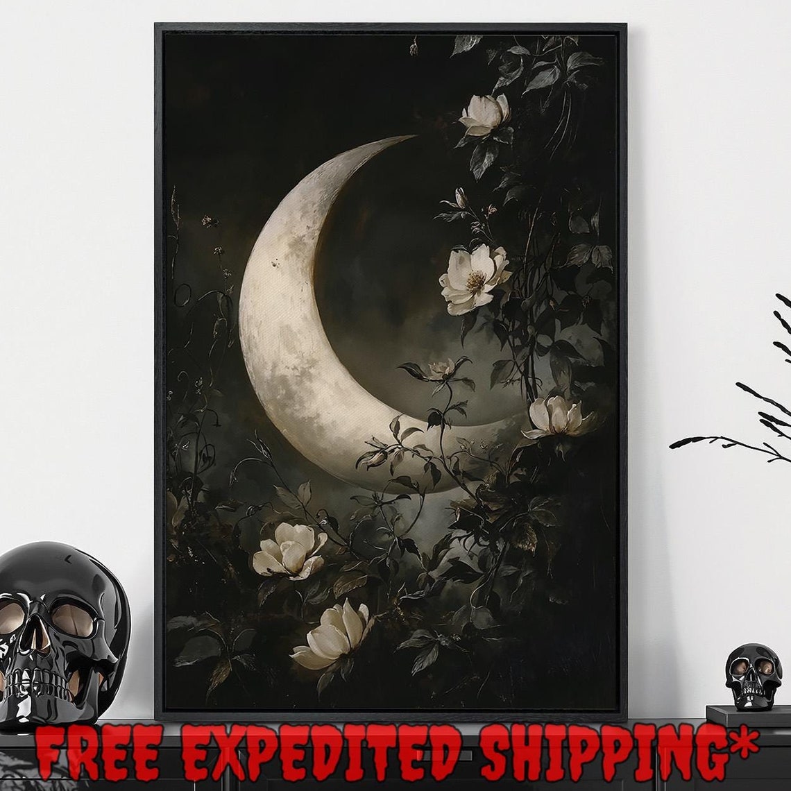 White Crescent Moon Among Dark Roses Celestial Gothic Night Sky Poster